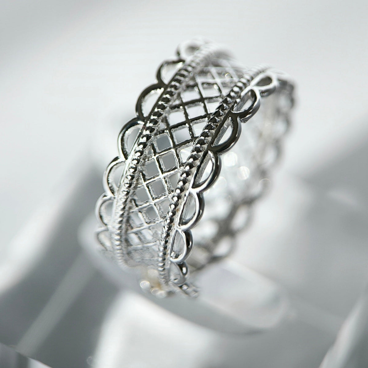Bague dentelle réglable, en argent 925 rhodié